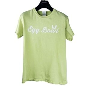 GILDAN NEW YORK LIFE Women’s Lime Green Egg Bowl T-shirt w Rabbit Ears Size S